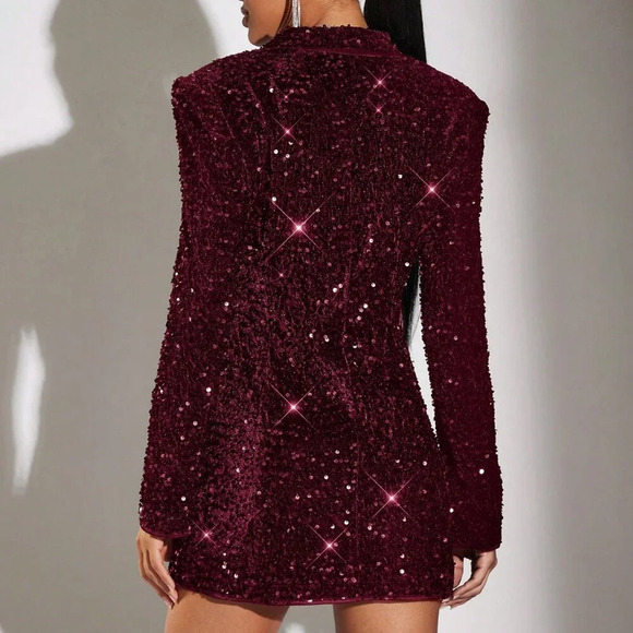 Burgundy Party Women's Lapel Sequin Embellished Long Sleeve Blazer - Picture 2 of 6